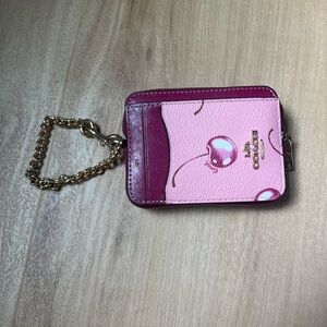Coach Cherry Pink Card Holder with Gold Chain